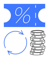 Blue coupon with a percentage mark, stacked coins, and circular arrows symbolizing discounts, savings, cashback, rewards, trade, financial planning income growth. Flat simple metaphor