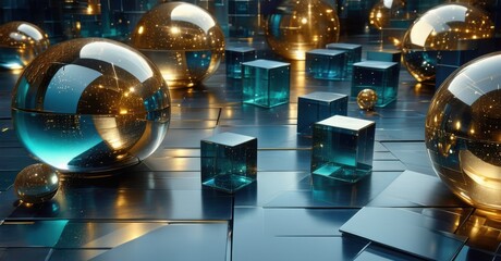 Modern abstract high tech design reflective glass spheres matte cubes muted gold electric teal midnight blue creating glowing seamless depth