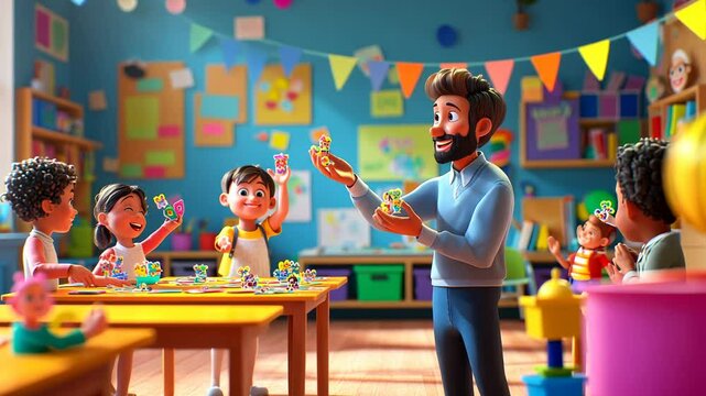 Joyful Classroom: A 3D Render of Happy Children Learning with Their Teacher