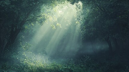 Magical Foggy Forest with Morning Rays