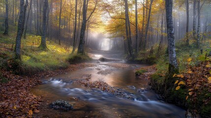 Obraz premium Mystical Forest Stream in Morning Fog