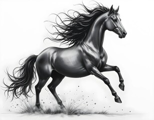 Running Black Horse Illustration with Flowing Mane on White Background