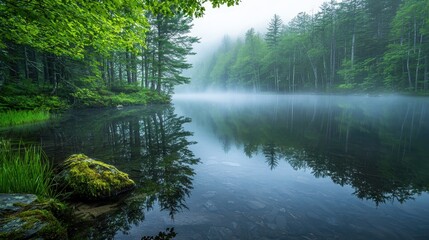 Fototapeta premium Morning Fog Over Mystical Forest Lake