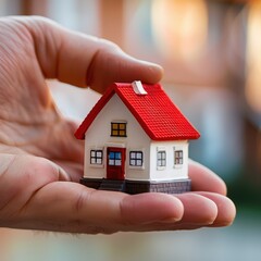 Hand holding a model house with a red roof
