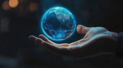 Futuristic financial and global trade concept with glowing blue globe levitating over a professional hand