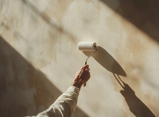A hand holding a paint roller applying a beige color to the wall in natural light, creating a fresh home renovation atmosphere with light shadows, perfect for DIY and home makeover projects.