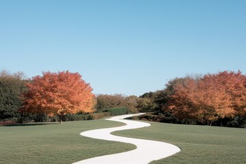 Fototapeta premium serene autumn landscape with orange and red trees along tranquil pathway capturing essence of fall travel and anticipation