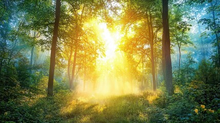 Fototapeta premium Sunrise Through Misty Enchanted Trees