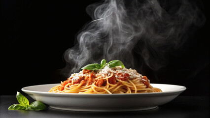 Fototapeta premium Steaming plate of spaghetti with basil garnish.