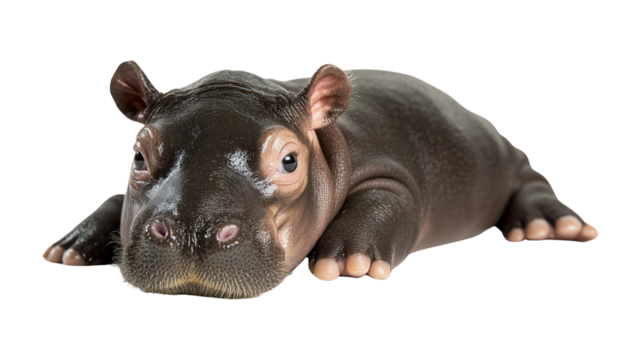 A pygmy hippo calf is lying down PNG