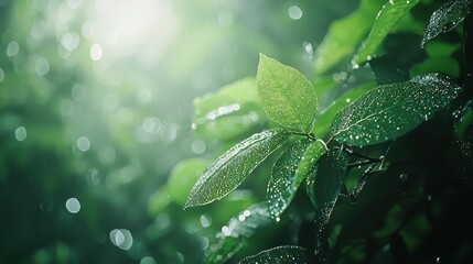 Mystical Forest Morning with Dewy Leaves