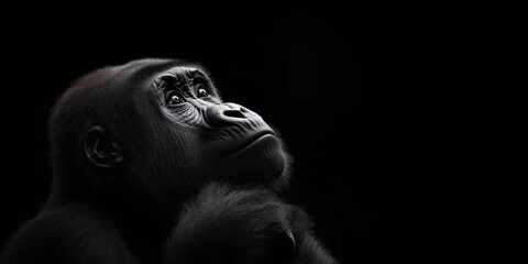 Fototapeta premium This captivating image features a gorilla in deep thought, highlighted dramatically against a dark background, evoking a sense of reflection and profound emotion in the viewer.