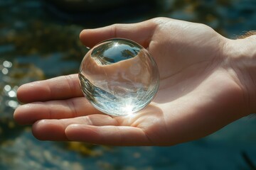 Crystal sphere in a person's hand, reflecting light and water. Perfect for themes of purity, nature, and environmental conservation.