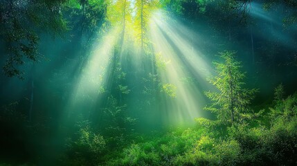 Mystical Forest Morning with Sunbeams and Fog