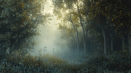 Fototapeta premium Enchanted Foggy Forest with Morning Glow