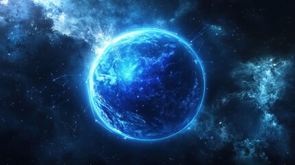 Fototapeta premium Futuristic view of Earth with digital connections, bright stars surrounding the vibrant blue globe