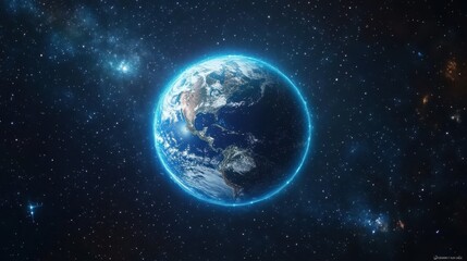 Obraz premium Futuristic view of Earth with digital connections, bright stars surrounding the vibrant blue globe