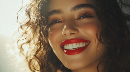 Smiling brunette with curly hair and red lips, radiating warmth and confidence.
