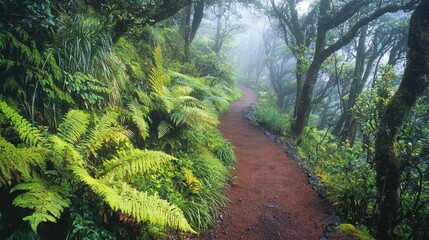Naklejka premium Enchanted Foggy Forest Path with Morning Light