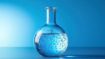 Glass flask with bubbling liquid in a modern science lab, blue ambient lighting and high-tech reflections