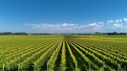 Tuscan Vineyard Landscape  Sunny Rows  Green Vines  Blue Sky
