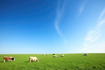 Obraz premium serene pasture with farm animals grazing peacefully under clear blue sky providing ample copy space