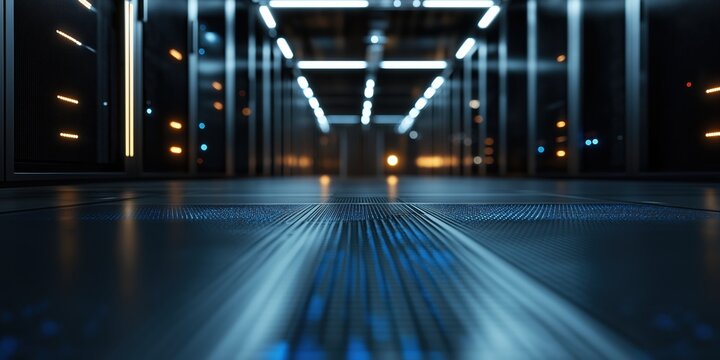 The image portrays a futuristic data center with sleek lines and glowing lights, embodying the essence of modern technology and efficiency in the digital age.