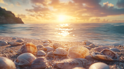 Obraz premium Tranquil Beach Scene at Sunset with Seashells on Shoreline and Gentle Waves Reflecting Light