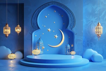 Majestic blue crescent moon with lanterns