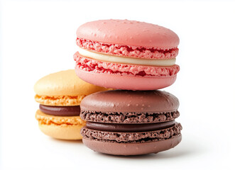 A stack of vibrant pink and yellow macarons with a creamy filling, elegantly arranged on a white background
