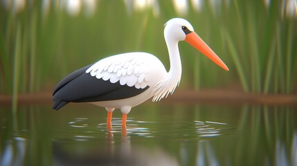 Fototapeta premium White stork wading marsh reeds, reflection, 3D render, nature illustration
