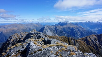 Obraz premium Panoramic mountain range view from rocky summit.