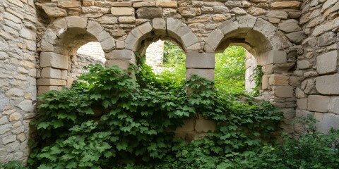 The image portrays a historic stone structure in ruins, overtaken by lush green vines, creating a mysterious and enchanting atmosphere, rich with stories of the past.