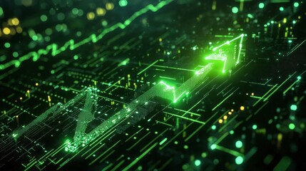 Green arrow pointing upward on a financial chart with glowing stock market data, symbolizing business growth and success