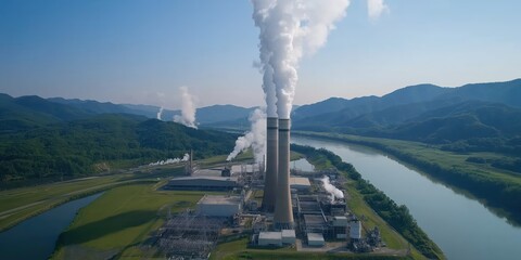 An aerial view of a power plant generating steam, surrounded by serene mountains, illustrating the interaction between industrial energy production and natural landscapes.