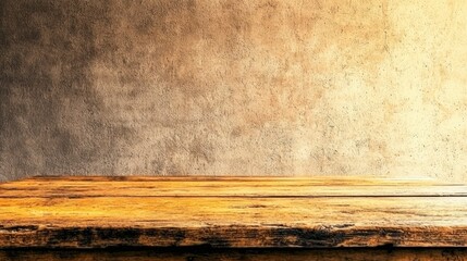Rustic Wooden Tabletop Against Grunge Wall  Product Display Background