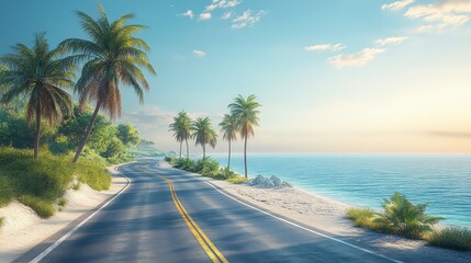 Fototapeta premium Scenic coastal road with palm trees, clear blue ocean, and sandy beach at sunset. Perfect for travel, vacation, and summer themes.