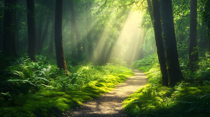 Obraz premium Enchanting forest pathway with sun rays filtering through lush green trees and ferns