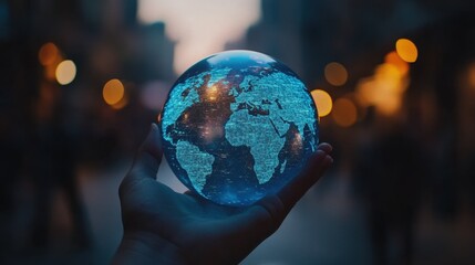 Fototapeta premium Hand holding a glowing blue crystal globe with a digital world map, representing global networking and technology