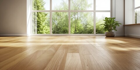 Fototapeta premium A spacious room filled with natural light, showcasing beautiful wooden flooring and large windows offering a view of lush green trees outside, creating a serene atmosphere.