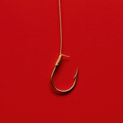 Gold fishing hook on red background