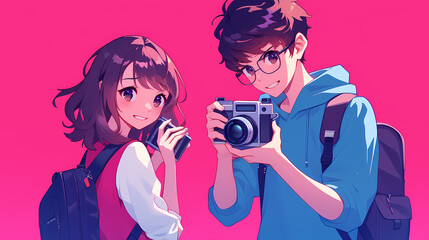 Two young photographers joyfully posing with cameras against a vibrant pink background