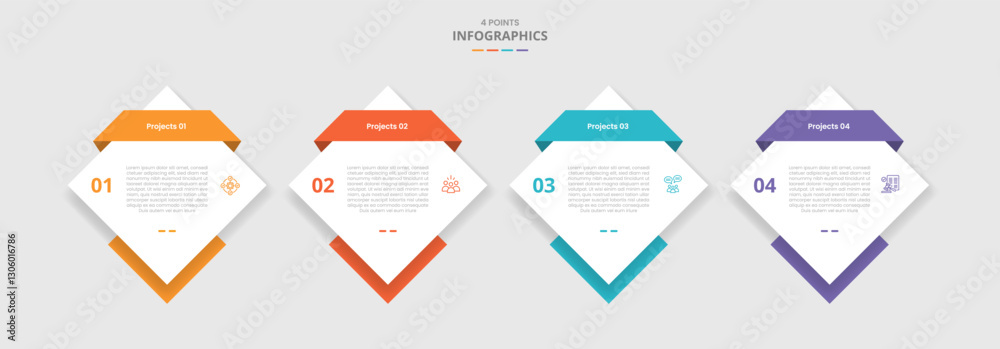Poster 4 points template infographic with diamond shape with ribbon header badge with drop shadow style wit