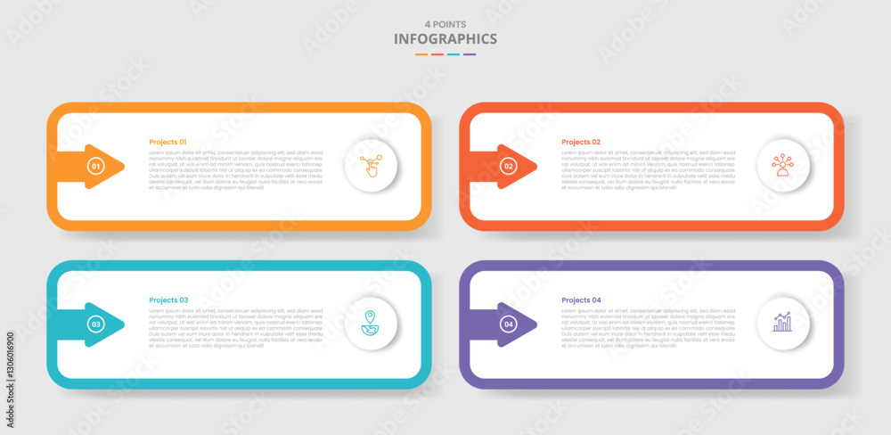 Poster 4 points template infographic with round rectangle and arrow inside with drop shadow style with 4 st