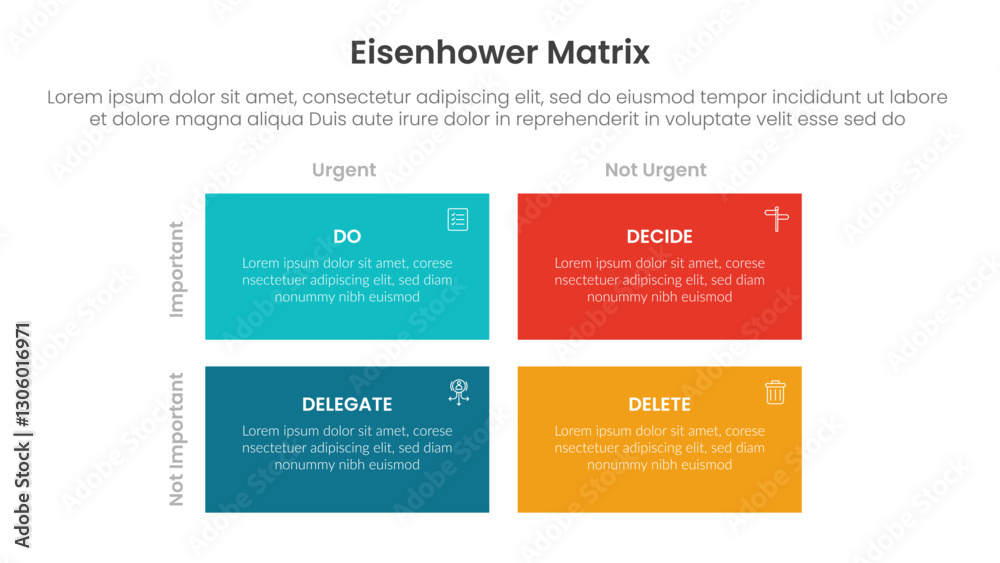 Poster eisenhower matrix infographic template banner with sharp rectangle box container with icon for slide