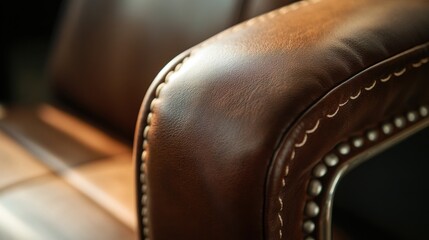 Brown Leather Chair Arm with Stitching and Studs