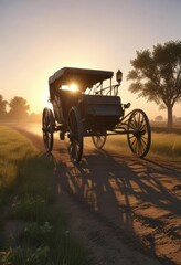Fototapeta premium Horse-drawn buggy in a field with the sun rising above the horizon, horse drawn buggy, natural light