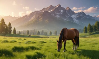 Obraz premium Horse grazing in a green meadow with a mountain backdrop, flowers, scenery, wildflowers