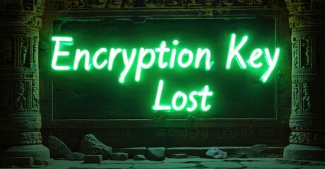 Obraz premium Neon sign encryption key lost glowing soft emerald electric white mounted inside ancient temple now filled futuristic digital artifacts