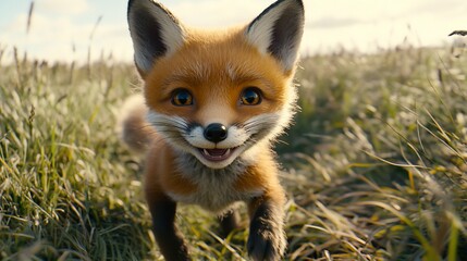 Cute fox kit running field, sunset background, wildlife